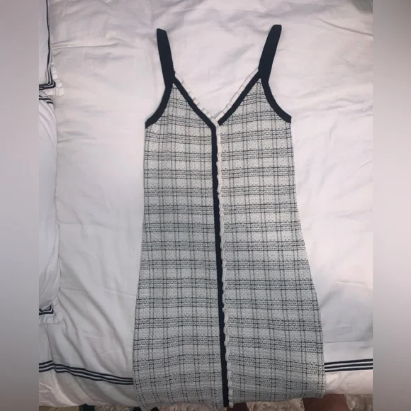 Urban Revivo Dresses | Urban Revivo Contrast Frill Trim Tweed Plaid Knitted Cami Dress | Color: Black/White | Size: Xs | Hadassahstoch's Closet